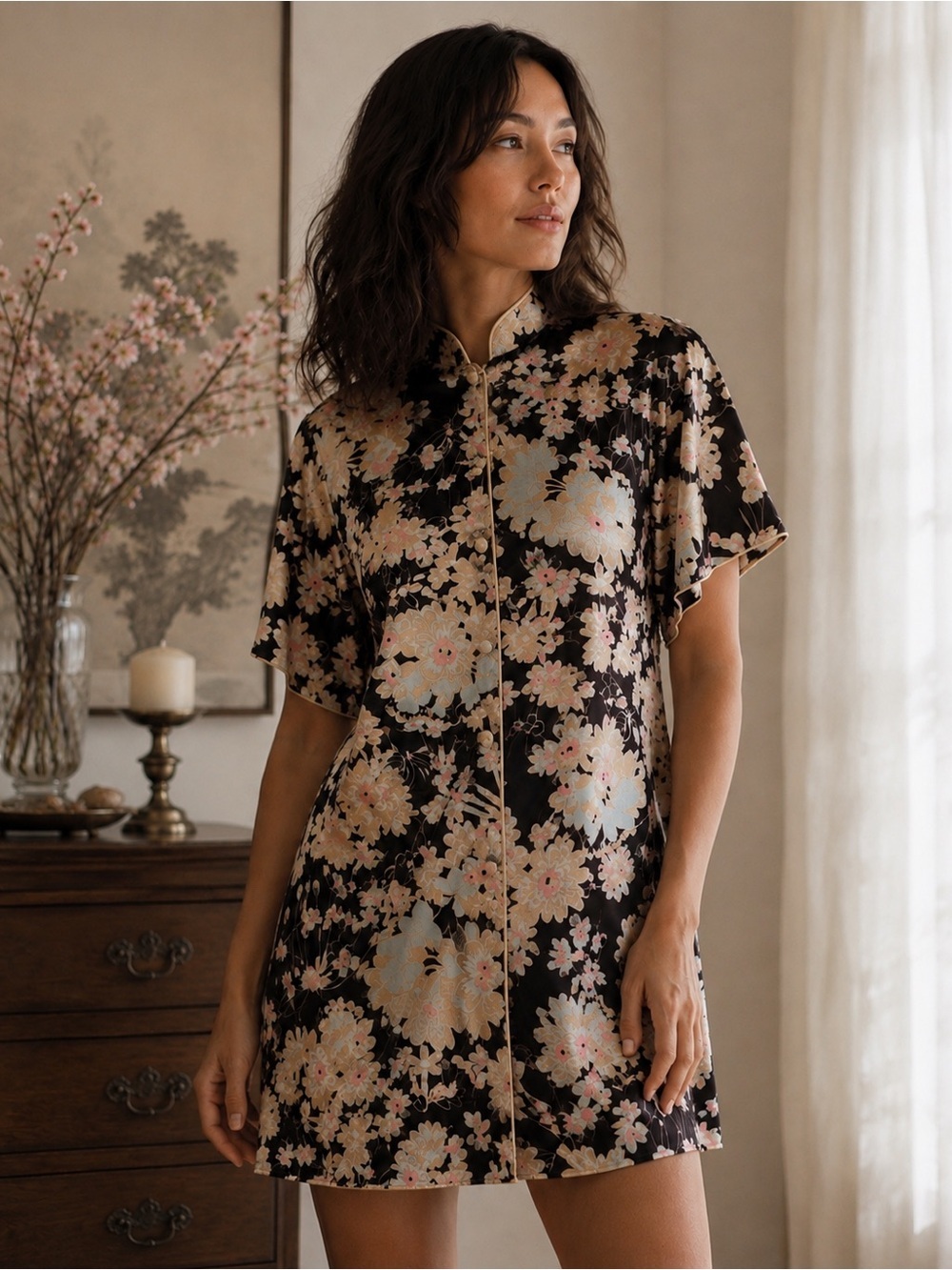 Vintage Vanity Fair Womens Robe Sz Petite Black Pink Floral Nylon Loungewear